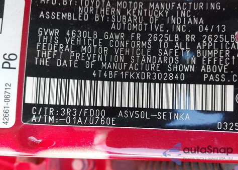 2013 Toyota Camry Le z USA, uszkodzony, nr VIN 4T4BF1FKXDR302840